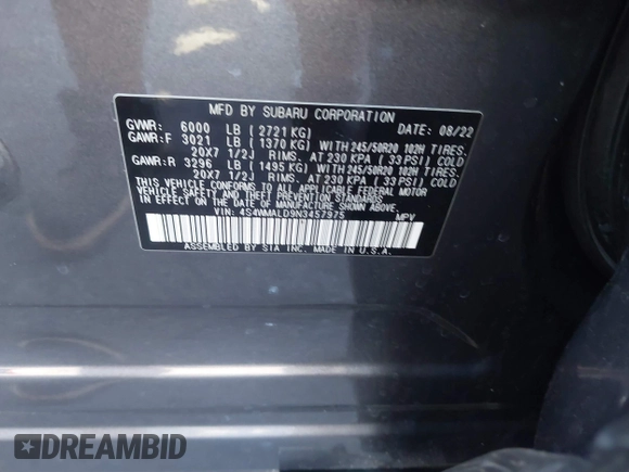 2022 Subaru Ascent Limited with VIN 4S4WMALD9N3457975, listed as a IAAI auction lot 42345480 with 52,966 mi miles and . Bid and sale history available at DreamBid. Image 9.