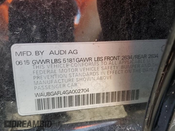 2016 Audi S4 Premium Plus with VIN WAUBGAFL4GA002704, listed as a Copart auction lot 42645005 with 68,049 mi miles and Salvage Title. Bid and sale history available at carsss.com. Image 13.