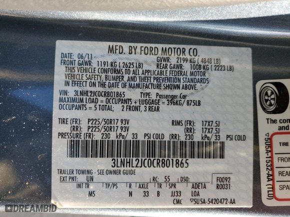 2012 Lincoln MKZ with VIN 3LNHL2JC0CR801865, listed as a Copart auction lot 52004395 with 28,046 mi miles and Salvage Title. Bid and sale history available at carsss.com. Image 12.