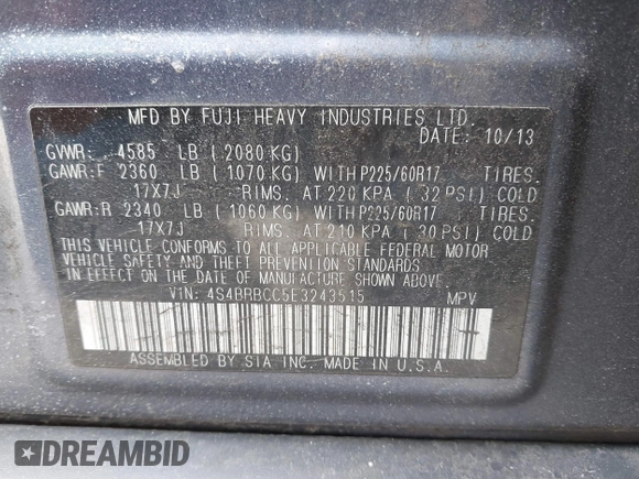 2014 Subaru Outback Premium with VIN 4S4BRBCC5E3243515, listed as a IAAI auction lot 41822302 with 149,034 mi miles and . Bid and sale history available at DreamBid. Image 9.