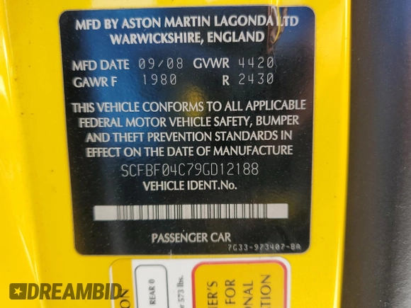 2009 Aston Martin Vantage z VIN SCFBF04C79GD12188, wystawiony jako Copart lot #45348405 z przebiegiem 29 580 mil mil oraz Szkoda całkowita • Salvage title. Historia ofert i sprzedaży dostępna na DreamBid. Obrazek 13.