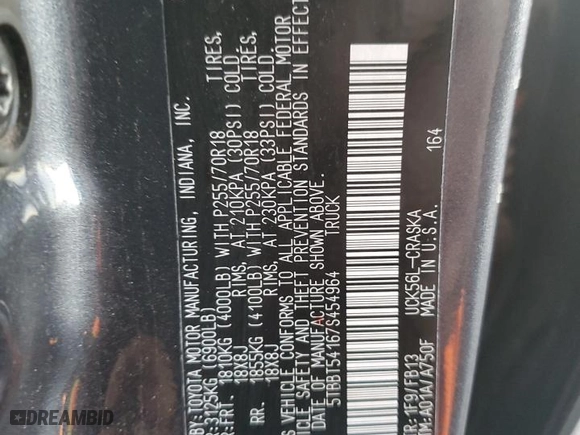 2007 Toyota Tundra SR5 with VIN 5TBBT54167S454964, listed as a Copart auction lot 88813045 with 166,112 mi miles and Salvage Title. Bid and sale history available at carsss.com. Image 12.