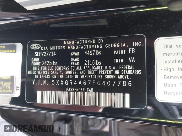 2015 Kia Optima SX Turbo with VIN 5XXGR4A67FG407786, listed as a IAAI auction lot 41606324 with 194,837 mi miles. Bid and sale history available at carsss.com. Image 9.