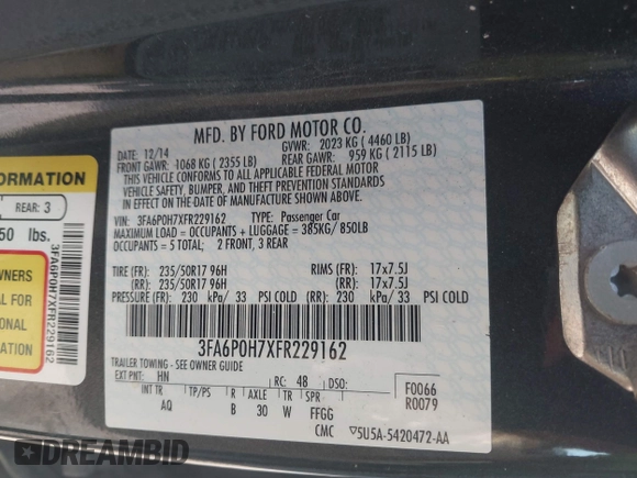 2015 Ford Fusion SE с VIN 3FA6P0H7XFR229162, выставлен на аукционе IAAI как лот 42684315 с пробегом 115 628 миль миль и . История ставок и продаж доступна на DreamBid. Изображение 9.