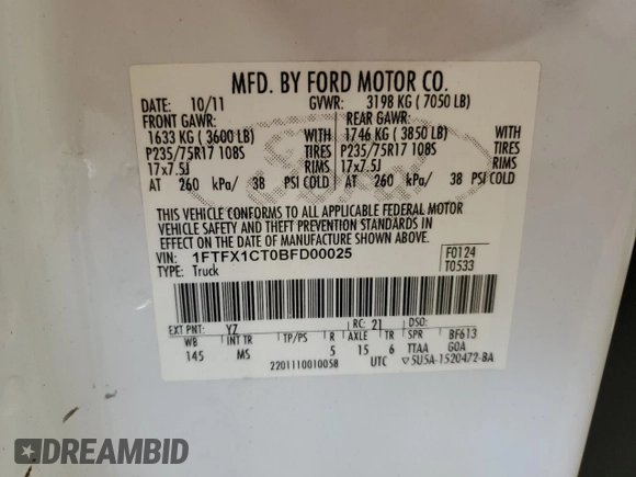 2011 Ford F-150 XL с VIN 1FTFX1CT0BFD00025, выставлен на аукционе Copart как лот 62658155 с пробегом 253 412 миль миль и Чистый • Clean title. История ставок и продаж доступна на DreamBid. Изображение 12.