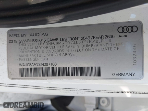 2018 Audi A6 Premium with VIN WAUC8AFC0JN097103, listed as a IAAI auction lot 41399918 with 115,014 mi miles. Bid and sale history available at carsss.com. Image 9.