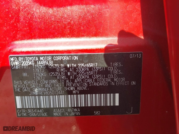 2013 Toyota RAV4 XLE with VIN JTMWFREV8D5012441, listed as a IAAI auction lot 41943680 with 82,119 mi miles. Bid and sale history available at carsss.com. Image 9.