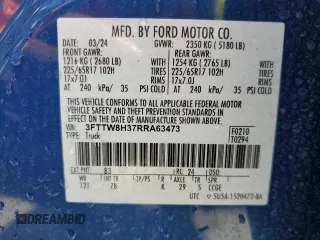 2024 Ford Maverick XLT with VIN 3FTTW8H37RRA63473, listed as a Copart auction lot 61185685 with 15,535 mi miles and Salvage title. Bid and sale history available at DreamBid. Image 12.