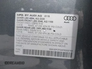 2015 Audi Q3 Premium Plus with VIN WA1EFCFSXFR009768, listed as a IAAI auction lot 41974476 with 53,013 mi miles and . Bid and sale history available at DreamBid. Image 9.