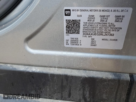 2024 Chevrolet Equinox LT with VIN 3GNAXUEG2RL247363, listed as a Copart auction lot 48898345 with 16,244 mi miles and Salvage Title. Bid and sale history available at DreamBid. Image 14.