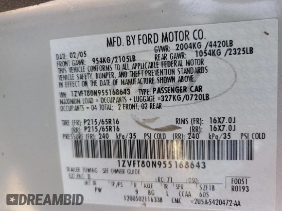 2005 Ford Mustang Deluxe with VIN 1ZVFT80N955168643, listed as a Copart auction lot 62854705 with 132,806 mi miles and Salvage title. Bid and sale history available at DreamBid. Image 12.
