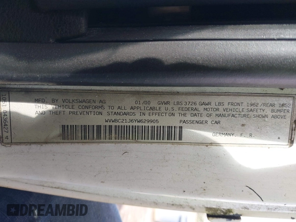 2000 Volkswagen Golf с VIN WVWBC21J6YW629905, выставлен на аукционе IAAI как лот 41966411 с пробегом 182 703 миль миль и . История ставок и продаж доступна на DreamBid. Изображение 9.