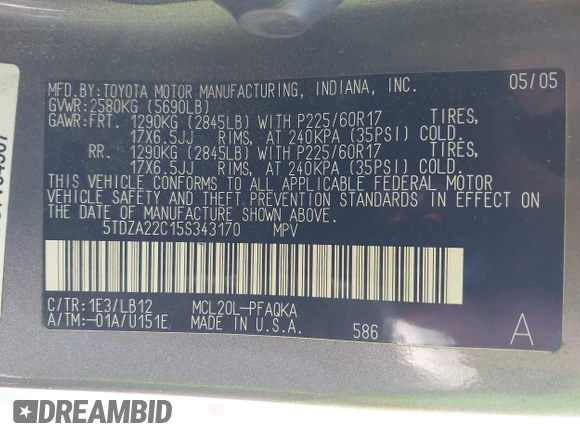 2005 Toyota Sienna XLE with VIN 5TDZA22C15S343170, listed as a IAAI auction lot 42487555 with 260,317 mi miles and . Bid and sale history available at DreamBid. Image 9.