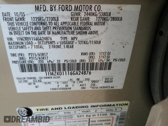 2006 Ford Freestyle SE z VIN 1FMZK01116GA24876, wystawiony jako Copart lot #46689905 z przebiegiem 189 401 mil mil oraz Szkoda całkowita • Salvage title. Historia ofert i sprzedaży dostępna na DreamBid. Obrazek 13.