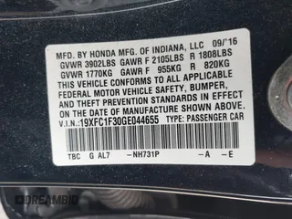 2016 Honda Civic Sedan EX-T with VIN 19XFC1F30GE044655, listed as a IAAI auction lot 41718719 with 109,962 mi miles. Bid and sale history available at carsss.com. Image 9.