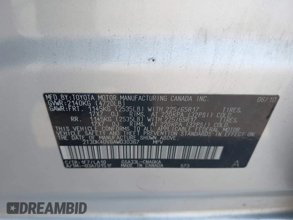 2010 Toyota RAV4 Limited with VIN 2T3DK4DV8AW030367, listed as a IAAI auction lot 42447076 with 186,994 mi miles and . Bid and sale history available at DreamBid. Image 9.
