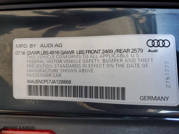 2018 Audi A5 Sportback Premium Plus with VIN WAUENCF57JA128868, listed as a Copart auction lot 52567125 with 50,601 mi miles and Clean Title. Bid and sale history available at carsss.com. Image 12.