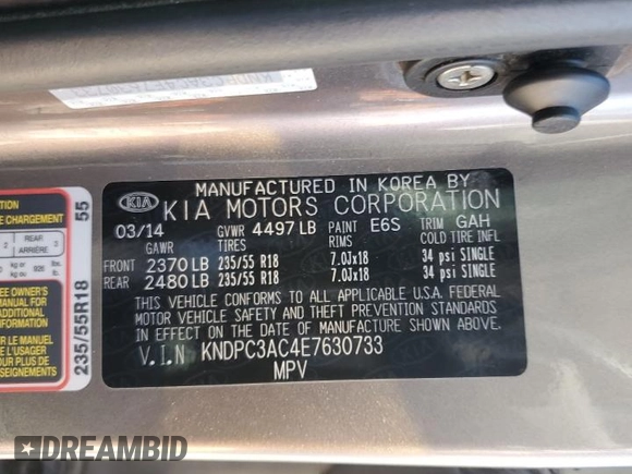 2014 Kia Sportage EX с VIN KNDPC3AC4E7630733, выставлен на аукционе Copart как лот 57499365 с пробегом 59 651 миль миль и Списание • Salvage title. История ставок и продаж доступна на DreamBid. Изображение 13.