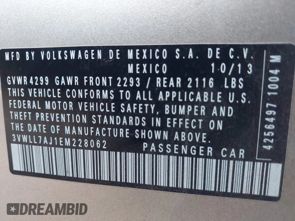 2014 Volkswagen Jetta TDI w/Premium with VIN 3VWLL7AJ1EM228062, listed as a IAAI auction lot 42256650 with 218,955 mi miles and . Bid and sale history available at DreamBid. Image 9.