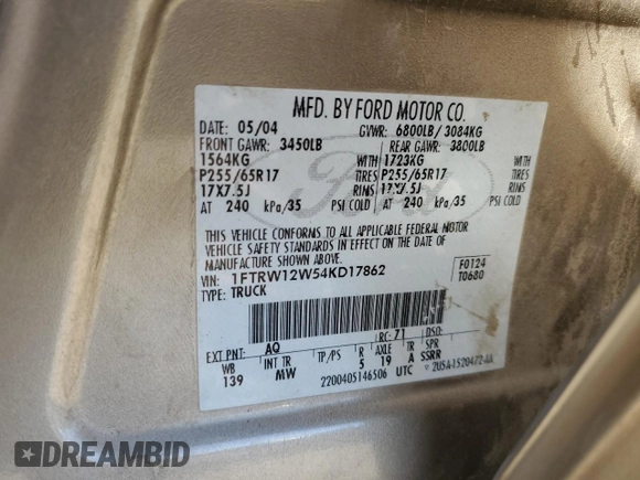 2004 Ford F-150 XLT with VIN 1FTRW12W54KD17862, listed as a Copart auction lot 52005715 with 0 mi miles and Salvage Title. Bid and sale history available at carsss.com. Image 12.