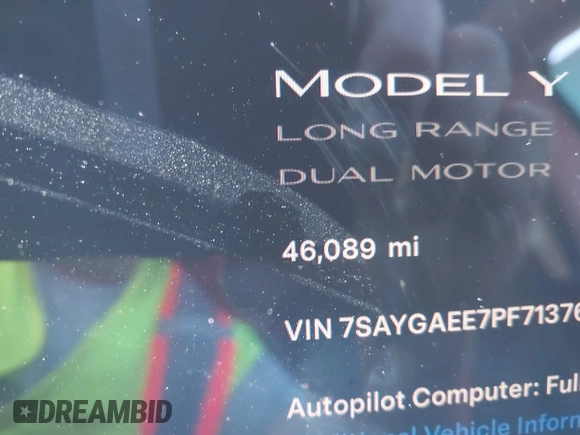 2023 Tesla Model Y Long Range with VIN 7SAYGAEE7PF713761, listed as a IAAI auction lot 41638067 with 46,089 mi miles and . Bid and sale history available at DreamBid. Image 15.