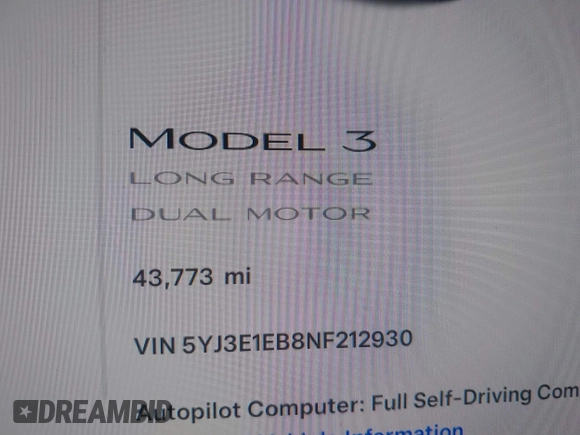 2022 Tesla Model 3 Long Range z VIN 5YJ3E1EB8NF212930, wystawiony jako IAAI lot #41658127 z przebiegiem 43 773 mil mil oraz . Historia ofert i sprzedaży dostępna na DreamBid. Obrazek 16.