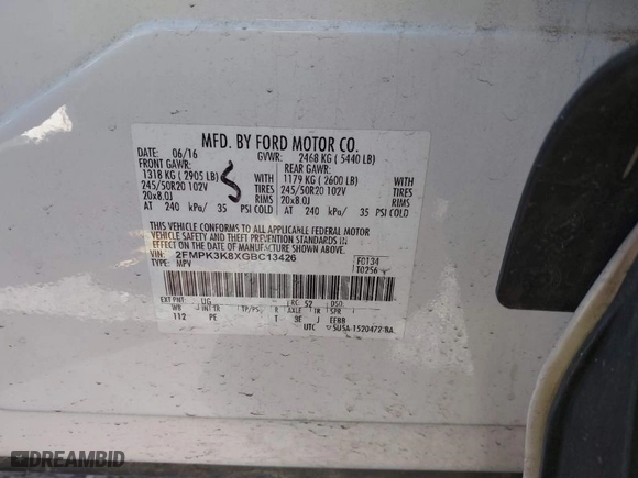 2016 Ford Edge Titanium with VIN 2FMPK3K8XGBC13426, listed as a IAAI auction lot 41583824 with 108,539 mi miles. Bid and sale history available at carsss.com. Image 9.
