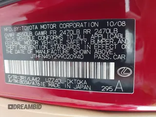 2009 Lexus SC 430 with VIN JTHFN45Y299020940, listed as a IAAI auction lot 41696619 with 90,044 mi miles and . Bid and sale history available at DreamBid. Image 9.