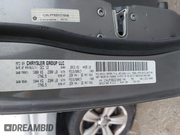2013 Jeep Patriot Latitude with VIN 1C4NJPFB8DD218948, listed as a IAAI auction lot 41072937 with 126,140 mi miles and . Bid and sale history available at carsss.com. Image 9.