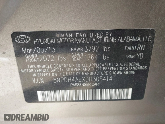 2013 Hyundai Elantra GLS с VIN 5NPDH4AEXDH305414, выставлен на аукционе IAAI как лот 42282887 с пробегом 56 935 миль миль и . История ставок и продаж доступна на DreamBid. Изображение 9.