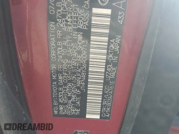 2006 Lexus SC 430 with VIN JTHFN48Y369009713, listed as a Copart auction lot 50726795 with 178,509 mi miles and Salvage title. Bid and sale history available at DreamBid. Image 12.