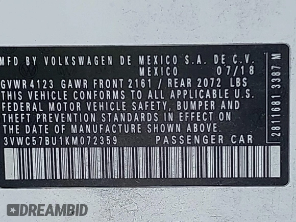 2019 Volkswagen Jetta S with VIN 3VWC57BU1KM072359, listed as a IAAI auction lot 42375938 with 114,719 mi miles and . Bid and sale history available at DreamBid. Image 9.