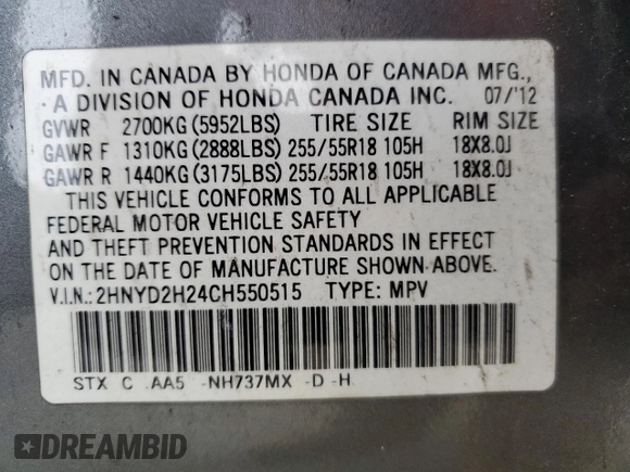 2012 Acura MDX z VIN 2HNYD2H24CH550515, wystawiony jako Copart lot #56921005 z przebiegiem 159 650 mil mil oraz Szkoda całkowita • Salvage title. Historia ofert i sprzedaży dostępna na DreamBid. Obrazek 13.