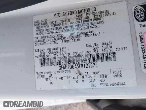 2012 Ford Fusion S with VIN 3FAHP0GA5CR121825, listed as a IAAI auction lot 42203716 with 138,717 mi miles and . Bid and sale history available at carsss.com. Image 9.