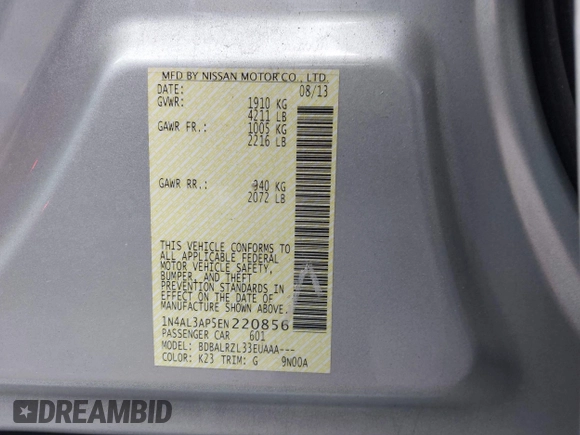 2014 Nissan Altima 2.5 S with VIN 1N4AL3AP5EN220856, listed as a IAAI auction lot 42176401 with 85,339 mi miles. Bid and sale history available at carsss.com. Image 9.