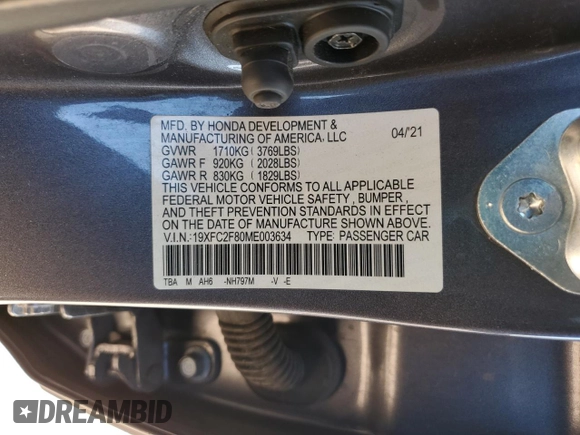 2021 Honda Civic Sport with VIN 19XFC2F80ME003634, listed as a Copart auction lot 52317715 with 69,411 mi miles and Salvage Title. Bid and sale history available at DreamBid. Image 14.