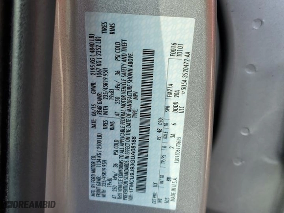 2016 Ford Escape Titanium with VIN 1FMCU9J93GUA08188, listed as a Copart auction lot 48247395 with 116,179 mi miles and Salvage Title. Bid and sale history available at carsss.com. Image 12.