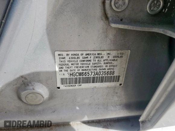 2003 Honda Accord EX z VIN 1HGCM66573A035688, wystawiony jako Copart lot #48033455 z przebiegiem Nie podano mil oraz Szkoda całkowita • Salvage title. Historia ofert i sprzedaży dostępna na DreamBid. Obrazek 14.
