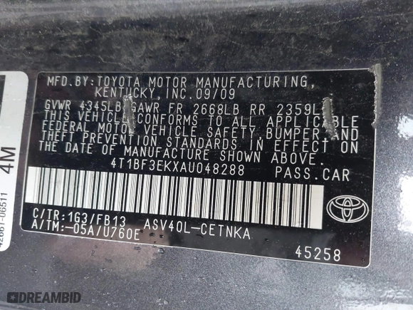 2010 Toyota Camry with VIN 4T1BF3EKXAU048288, listed as a IAAI auction lot 41937646 with 300,835 mi miles. Bid and sale history available at carsss.com. Image 9.