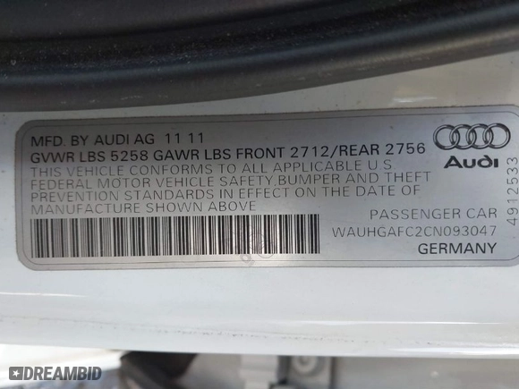 2012 Audi A6 3.0T Prestige with VIN WAUHGAFC2CN093047, listed as a IAAI auction lot 41623434 with 106,828 mi miles. Bid and sale history available at carsss.com. Image 9.