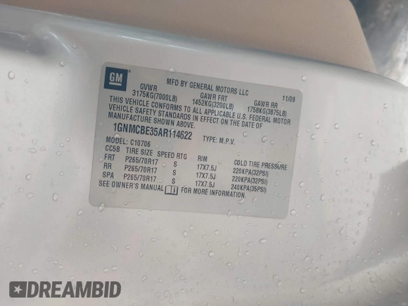 2010 Chevrolet Tahoe LT with VIN 1GNMCBE35AR114622, listed as a IAAI auction lot 41974795 with 248,109 mi miles and . Bid and sale history available at DreamBid. Image 9.