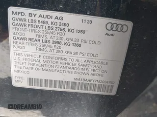 2021 Audi Q5 Premium Plus with VIN WA1BAAFY7M2024762, listed as a IAAI auction lot 42090408 with 58,082 mi miles and . Bid and sale history available at DreamBid. Image 9.