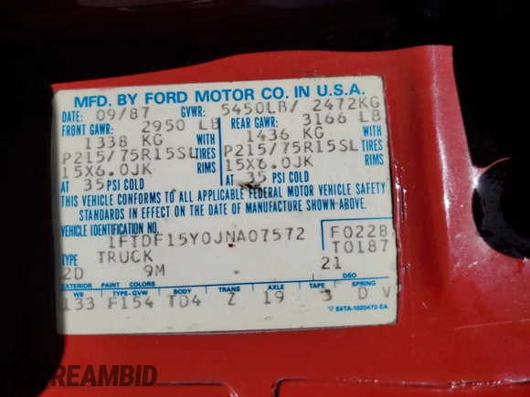 1988 Ford F-150 with VIN 1FTDF15Y0JNA07572, listed as a Copart auction lot 76735284 with 22,567 mi miles and Non Repairable. Bid and sale history available at carsss.com. Image 13.