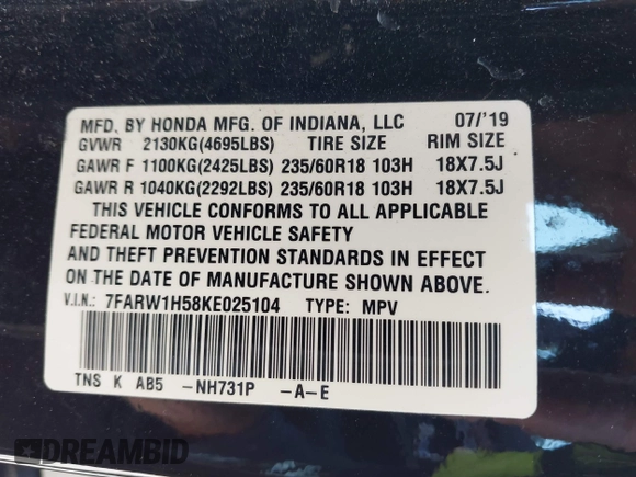 2019 Honda CR-V EX with VIN 7FARW1H58KE025104, listed as a IAAI auction lot 41750649 with 109,574 mi miles. Bid and sale history available at carsss.com. Image 9.