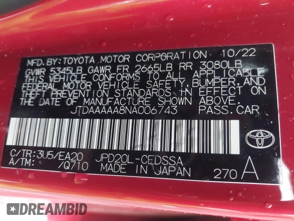 2022 Toyota Mirai XLE с VIN JTDAAAAA8NA006743, выставлен на аукционе IAAI как лот 41593460 с пробегом 24 927 миль миль и . История ставок и продаж доступна на DreamBid. Изображение 9.