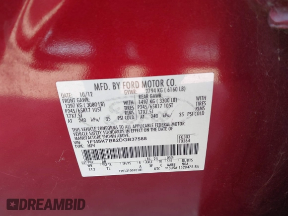 2013 Ford Explorer с VIN 1FM5K7B82DGB37588, выставлен на аукционе IAAI как лот 42292308 с пробегом 265 420 миль миль и . История ставок и продаж доступна на DreamBid. Изображение 9.