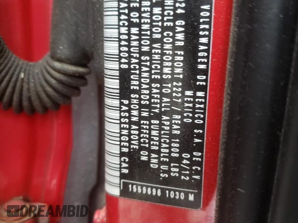 2012 Volkswagen Beetle Entry с VIN 3VWFP7AT4CM646048, выставлен на аукционе Copart как лот 53542435 с пробегом 145 470 миль миль и Списание • Salvage title. История ставок и продаж доступна на DreamBid. Изображение 12.