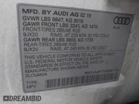 2019 Audi Q7 Premium Plus z VIN WA1LAAF71KD031123, wystawiony jako IAAI lot #41953574 z przebiegiem 48 999 mil mil oraz . Historia ofert i sprzedaży dostępna na DreamBid. Obrazek 9.