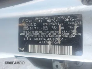 2013 Hyundai Accent GS with VIN KMHCT5AE4DU119904, listed as a IAAI auction lot 42230062 with 176,841 mi miles and . Bid and sale history available at DreamBid. Image 9.