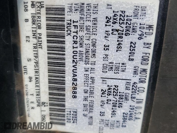 1997 Ford Ranger XL z VIN 1FTCR10U2VUA82888, wystawiony jako Copart lot #53454185 z przebiegiem 238 100 mil mil oraz Szkoda całkowita • Salvage title. Historia ofert i sprzedaży dostępna na DreamBid. Obrazek 12.